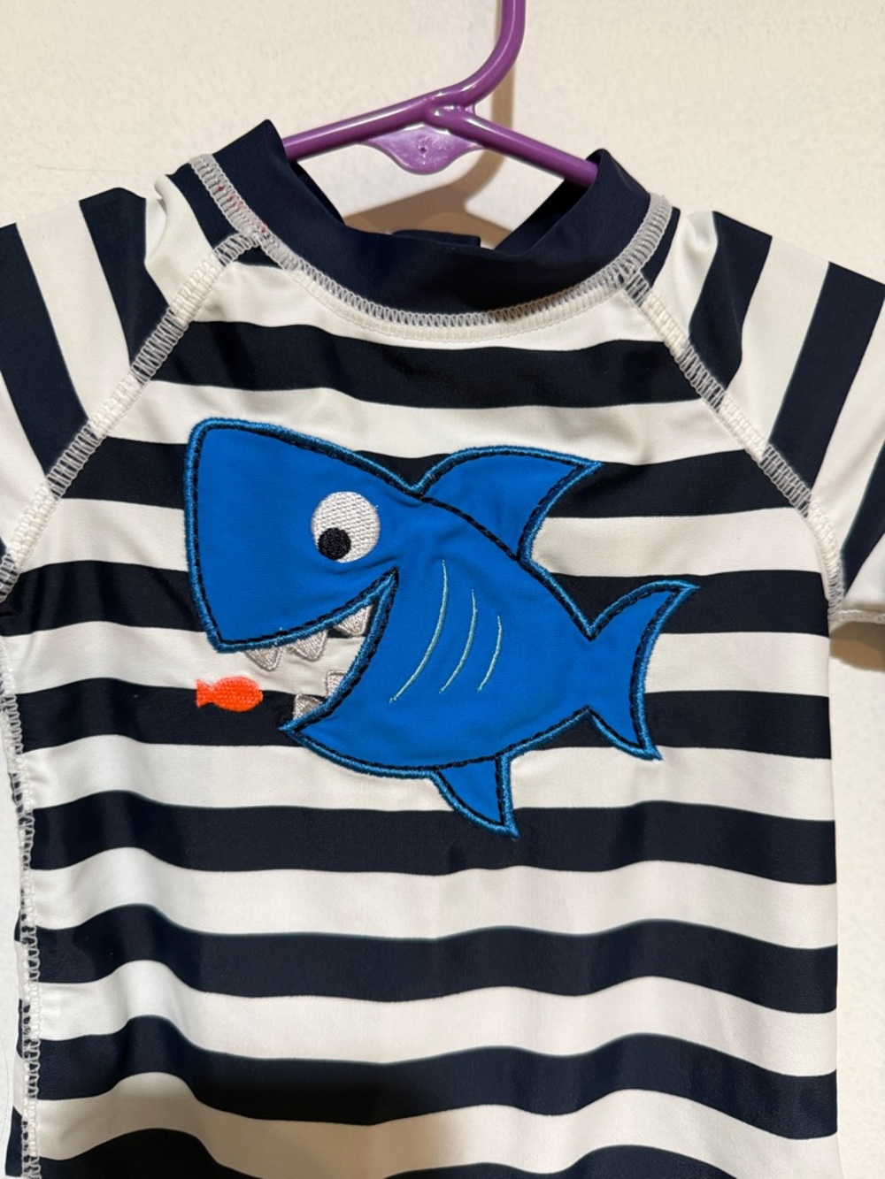 Koala Kids Navy & White Striped One-Piece Bathing Suit with Blue Shark - Picture 2 of 4